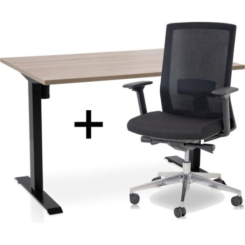 Zit-sta bureau elektrisch verstelbaar +  ERGO Bureaustoel | ARBO EASY Thuiswerkset | frame bureau zwart - bureaublad midden eiken| 120x80 cm