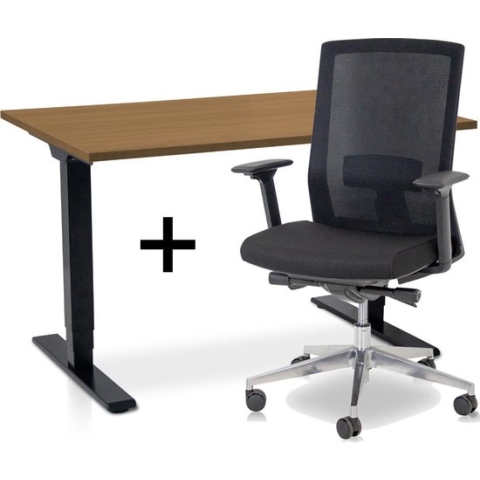 Zit-sta bureau elektrisch verstelbaar +  ERGO Bureaustoel | ARBO COMFORT NEN-EN 527 Thuiswerkset | frame bureau zwart - bureaublad havanna | 120x80 cm