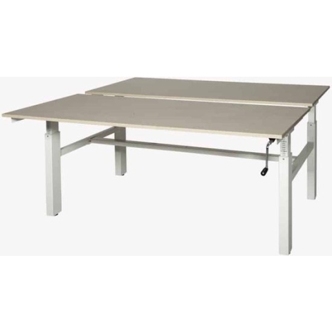 Romeo Duo werkplek, zit/zit hoogte verstelbaar dmv slinger (62-85cm) voorzien van 180x80/80cm havana/ kersen licht 25mm melamine bladen en wit H-poot frame