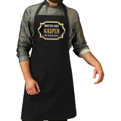 Naam cadeau master chef schort Kasper zwart - keukenschort cadeau