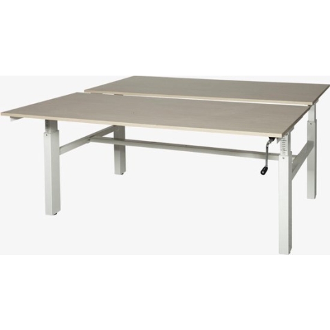 Romeo Duo werkplek, zit/zit hoogte verstelbaar dmv slinger (62-85cm) voorzien van 160x80/80cm robson eiken 25mm melamine bladen en wit H-poot frame