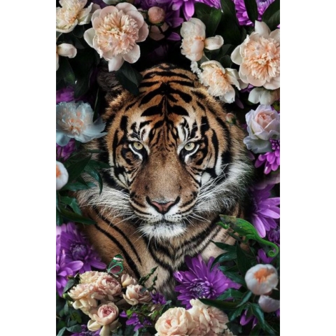 80 x 120 cm - glasschilderij - tijger - bloemen - foto print op glas