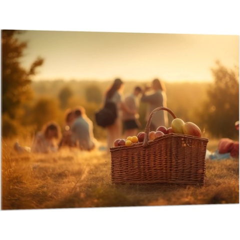 Acrylglas - Picknick - Mand - Eten - Fruit - Mensen - Veldje - 100x75 cm Foto op Acrylglas (Wanddecoratie op Acrylaat)