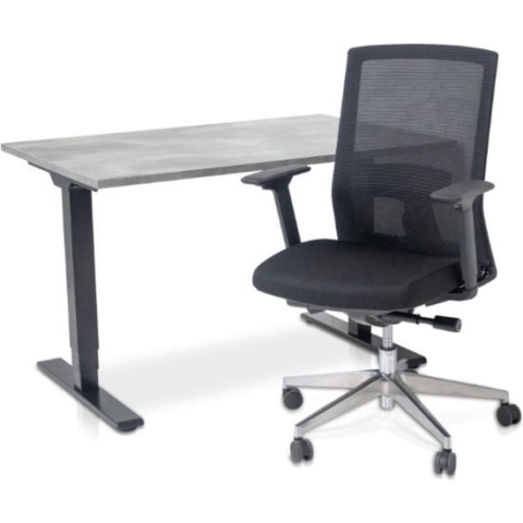 Zit-sta bureau elektrisch verstelbaar + ERGO Bureaustoel | NEN-EN 527 COMFORT Thuiswerkset | frame bureau zwart - bureaublad betonlook | 140x80 cm