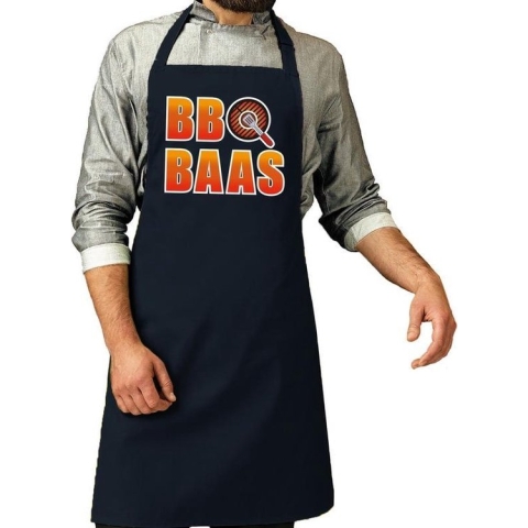 BBQ baas barbeque schort / keukenschort navy blauw voor heren - bbq schorten
