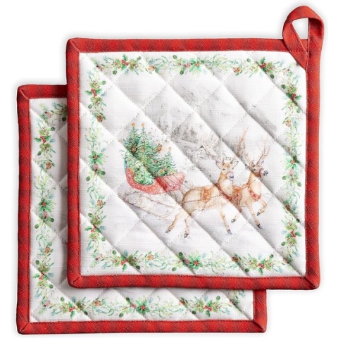 Hot Pads Pothouder van 100% katoen met strik, hittebestendige set met 2 pannenlappen als Moederdagcadeau, kersttraditie – Thanksgiving / Kerstmis (20 cm x 20 cm)