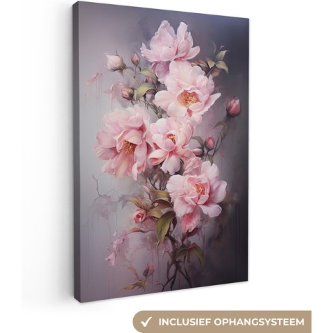Canvas schilderij bloemen 80x120 cm - Abstracte kunst handgeschilderd - Huis decoratie woonkamer kleurrijk watercolor - Keuken muur schilderijen - Wanddecoratie roze accessoires - Kamer interieur decoraties - Wanddoek natuur botanisch
