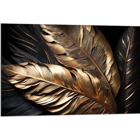 Dibond - Zwarte en Gouden Palmbladeren - 90x60 cm Foto op Aluminium (Wanddecoratie van metaal)