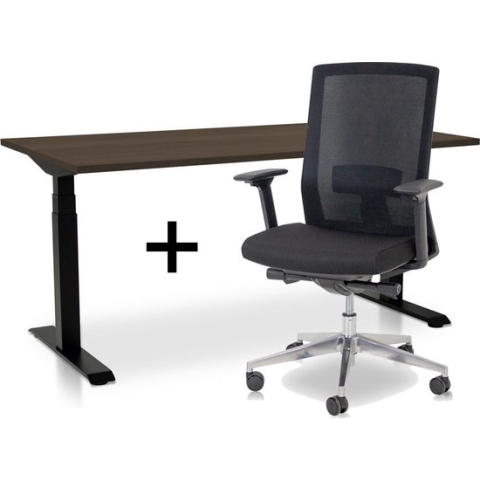 Zit-sta bureau elektrisch verstelbaar +  ERGO Bureaustoel | ARBO  PRO NEN-EN 527 Thuiswerkset | frame bureau zwart - bureaublad bruin eiken | 160x80 cm
