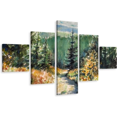 Schilderij - Geschilderd bos (print op canvas), 5luik, premium print