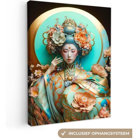 Canvas Schilderij Vrouw - Kimono - Bloemen - Goud - Portret - 120x160 cm - Wanddecoratie XXL
