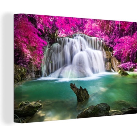 Canvas schilderij - Waterval - Bomen - Roze - Natuur - Canvas doek - 150x100 cm - Canvas natuur - Foto op canvas - Muurdecoratie - Woonkamer