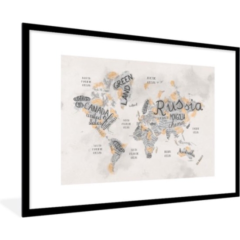Fotolijst incl. Poster - Wereldkaart - Letters - Bruin - 120x80 cm - Posterlijst