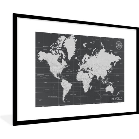 Fotolijst incl. Poster - Wereldkaart - Zwart - Wit - Wereld - 120x80 cm - Posterlijst