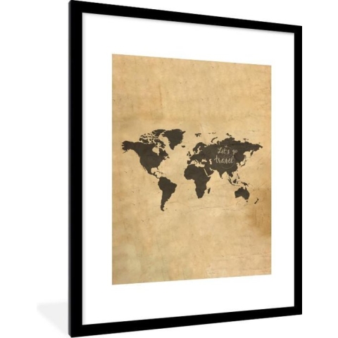 Fotolijst incl. Poster - Wereldkaart - Vintage - Quote - 60x80 cm - Posterlijst