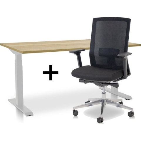 Zit-sta bureau elektrisch verstelbaar +  ERGO Bureaustoel | MRC PRO NEN-EN 527 Thuiswerkset | frame bureau wit - bureaublad robuust eiken | 140x80 cm