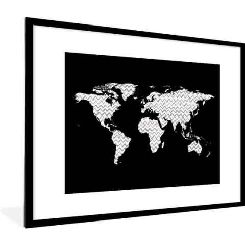 Fotolijst incl. Poster - Wereldkaart - Patroon - Zwart - 80x60 cm - Posterlijst