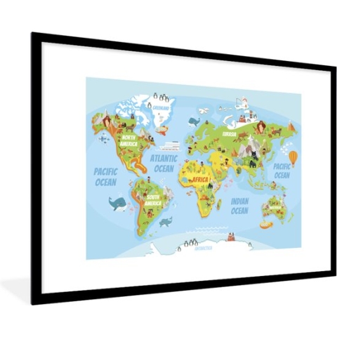 Wereldkaart - Kinderen - Dieren - Schoolplaat - Kinderkamer - 120x80 cm