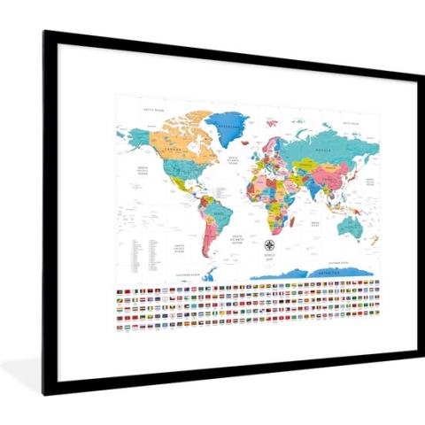 Fotolijst incl. Poster - Wereldkaart - Kleuren - Vlag - 80x60 cm - Posterlijst
