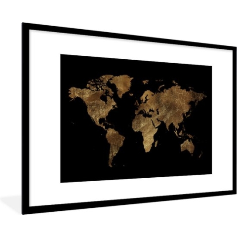 Fotolijst incl. Poster - Wereldkaart - Goud - Luxe - Aarde - Zwart - 120x80 cm - Posterlijst