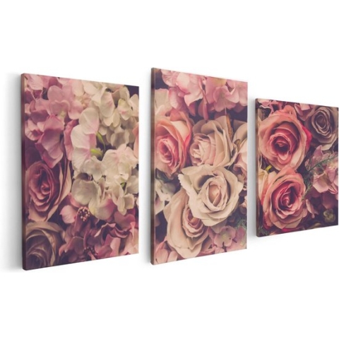 Artaza Canvas Schilderij Drieluik Roze Rozen Achtergrond - Retro - Bloemen - 120x60 - Foto Op Canvas - Canvas Print