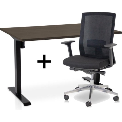 Zit-sta bureau elektrisch verstelbaar +  ERGO Bureaustoel | ARBO EASY Thuiswerkset | frame bureau zwart - bureaublad bruin eiken | 120x80 cm