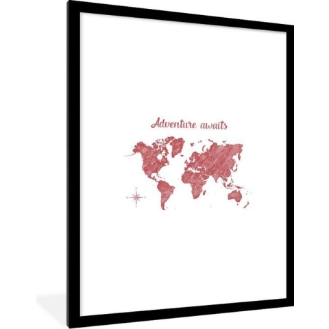 Fotolijst incl. Poster - Wereldkaart - Quotes - Rood - 60x80 cm - Posterlijst