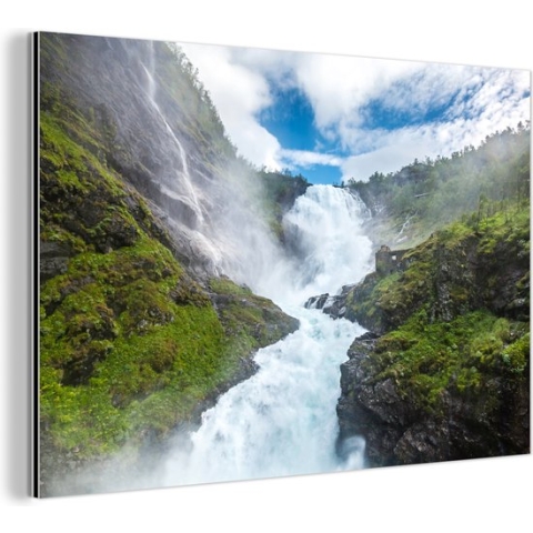 Wanddecoratie Metaal - Aluminium Schilderij Industrieel - Kjosfossen waterval foto - 120x80 cm - Dibond - Foto op aluminium - Industriële muurdecoratie - Voor de woonkamer/slaapkamer
