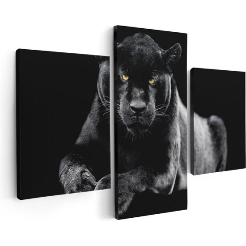Artaza Canvas Schilderij Drieluik Zwarte Panter - 90x60 - Foto Op Canvas - Canvas Print