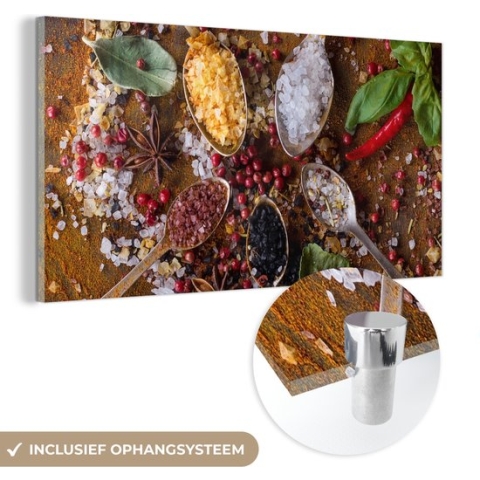 MuchoWow® Glasschilderij - Specerijen - Kruiden - Lepels - Zout - Bruin - Keuken - 120x60 cm - Acrylglas Schilderijen - Foto op Glas