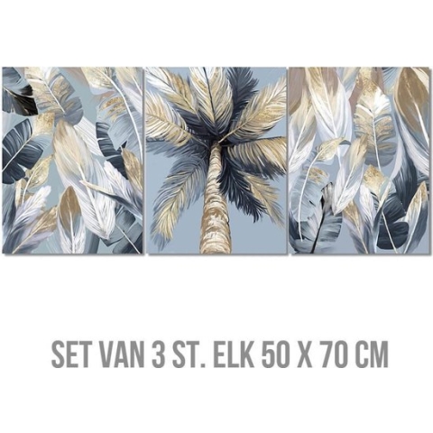 Allernieuwste SET van 3 stuks Canvas Schilderij Tropische Palm Boom Bladeren - Poster - 3-delige SET 50 x 70 cm - Kleur