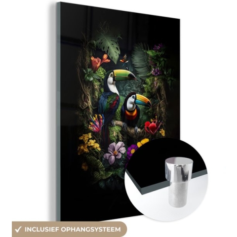 MuchoWow® Glasschilderij - Toekan - Bloemen - Tropisch - Jungle - Vogel - 60x80 cm - Acrylglas Schilderijen - Foto op Glas