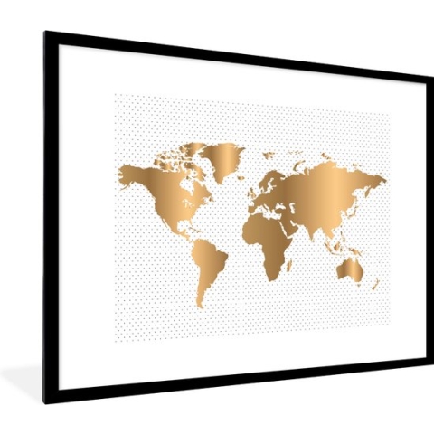 Fotolijst incl. Poster - Wereldkaart - Stippen - Goud - 80x60 cm - Posterlijst