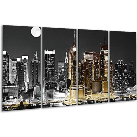 GroepArt - Glasschilderij - New York - Zwart, Wit, Geel - 160x80cm 4Luik - Foto Op Glas - Geen Acrylglas Schilderij - 6000+ Glasschilderijen Collectie - Wanddecoratie