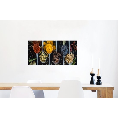 Wanddecoratie Metaal - Aluminium Schilderij Industrieel - Kruiden - Lepel - Specerijen - Zwart - Keuken - 120x60 cm - Dibond - Foto op aluminium - Industriële muurdecoratie - Voor de woonkamer/slaapkamer