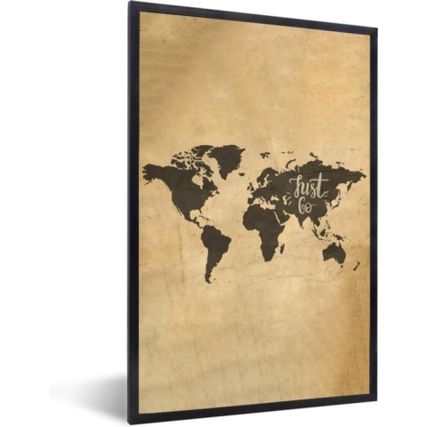 Fotolijst incl. Poster - Wereldkaart - Quote - Beige - 80x120 cm - Posterlijst