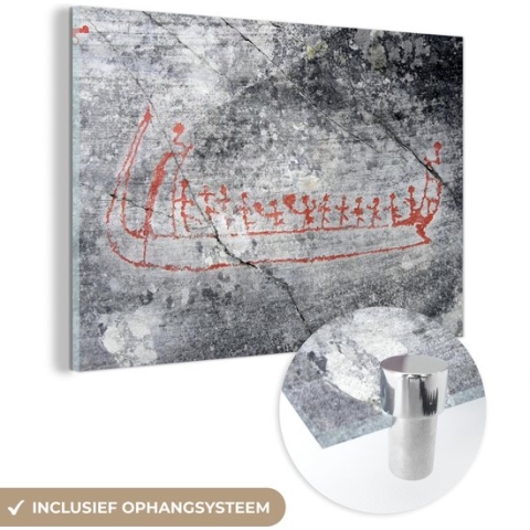 MuchoWow® Glasschilderij - Boot van Vikingen geschreven op een muur - 180x120 cm - Acrylglas Schilderijen - Foto op Glas