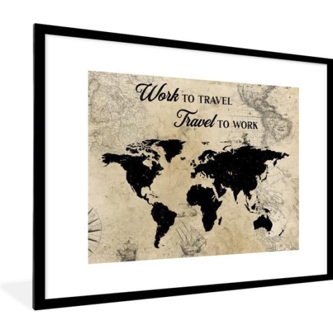 Fotolijst incl. Poster - Wereldkaart - Retro - Boot - Quote - 80x60 cm - Posterlijst
