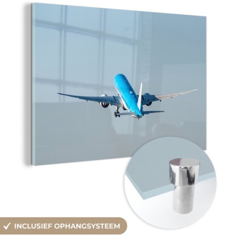MuchoWow® Glasschilderij - Opstijgen van een vliegtuig bij Schiphol - 90x60 cm - Acrylglas Schilderijen - Foto op Glas