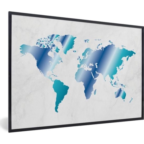 Fotolijst incl. Poster - Wereldkaart - Blauw - Marmer - 120x80 cm - Posterlijst