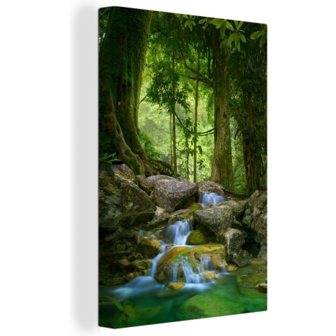 Canvas schilderij - Stenen - Rivier - Jungle - Boom - Foto op canvas - Muurdecoratie - Kamer decoratie - 90x140 cm