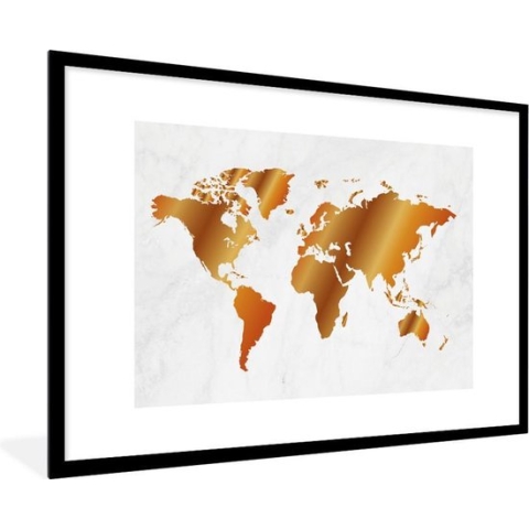 Fotolijst incl. Poster - Wereldkaart - Marmer - Goud - 120x80 cm - Posterlijst