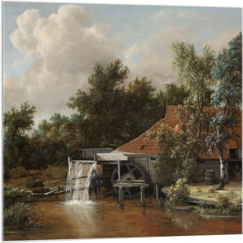Acrylglas - Oude Meesters - Een watermolen, Meindert Hobbema, ca. 1664 - 100x100cm Foto op Acrylglas (Wanddecoratie op Acrylglas)