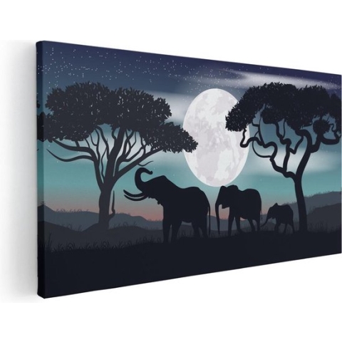 Artaza Canvas Schilderij Olifanten Silhouet Tijdens Volle Maan - 120x60 - Groot - Foto Op Canvas - Canvas Print