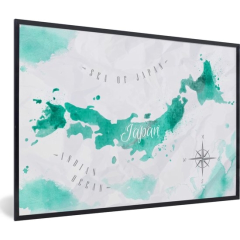 Fotolijst incl. Poster - Wereldkaart - Turquoise - Abstract - 120x80 cm - Posterlijst