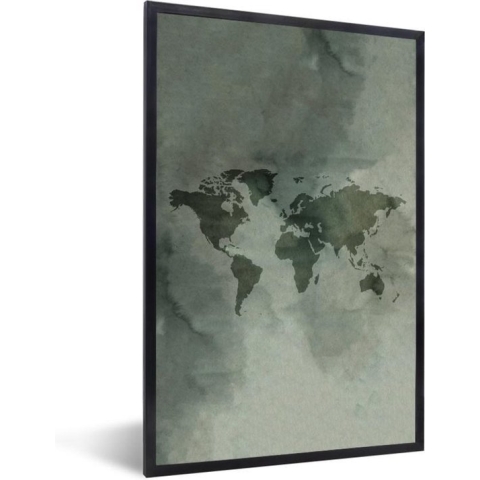 Fotolijst incl. Poster - Wereldkaart - Aquarelverf - Groen - Grijs - 80x120 cm - Posterlijst