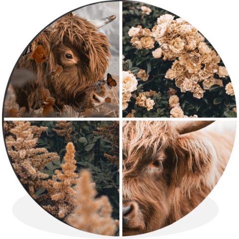 WallCircle - Wandcirkel - Muurcirkel - Schotse hooglander - Collage - Herfst - Aluminium - Dibond - 90x90 cm - Binnen en Buiten