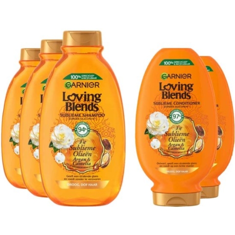 Garnier Loving Blends Argan en Cameliaolie - Shampoo 3x 300 ml & Conditioner 2x 250 ml – Pakket