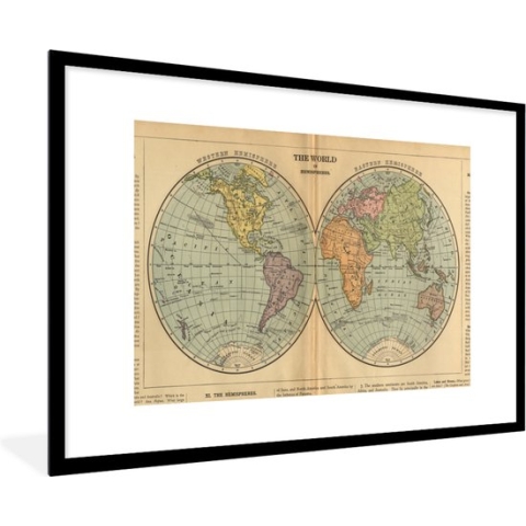 Fotolijst incl. Poster - Antieke wereldkaart westelijk en oostelijk halfrond - 120x80 cm - Posterlijst