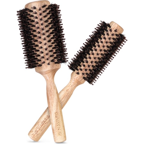 Navaris ronde haarborstels met wildzwijnhaar - Set van 2 stuks - Houten borstels met natuurlijke haren - Antistatisch en hittebestendig - 2 formaten
